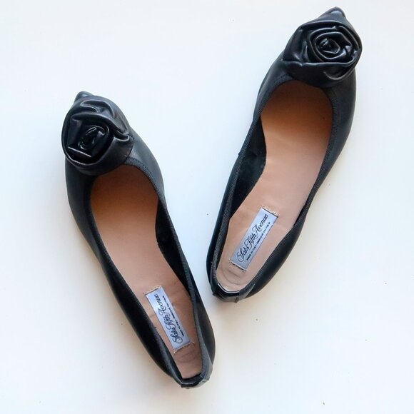 Saks Fifth Avenue Black Leather Rose Ballet Flats Slip-on Office Party Shoes 7.5 - Picture 11 of 16